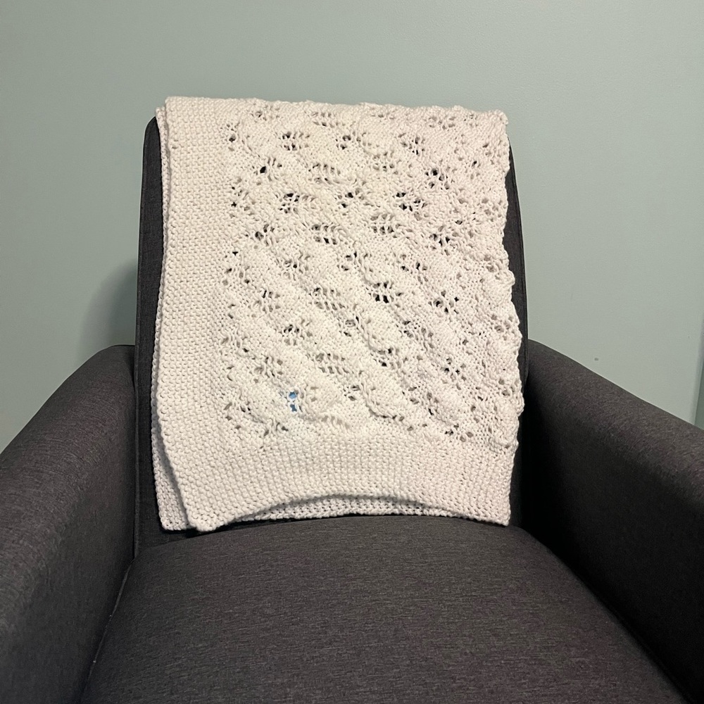 Hand crafted afghan in white. 36” x 54” great neutral can be used in any room. - Picture 5 of 6